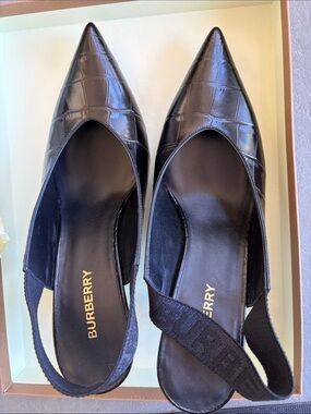 NWT Burberry Malinda Black Croc-Embossed Pointed Slingback Flats size 37.5